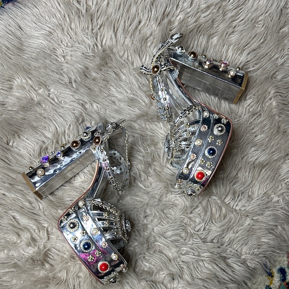 Azalea Wang Shoes - Embellished Silver Platform Heels with Multicolor Gems - Women's